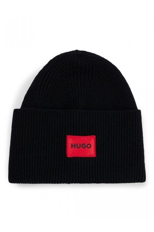 HUGO BEANIE HAT XAFF 6 BLACK RED LOGO 50496011-001