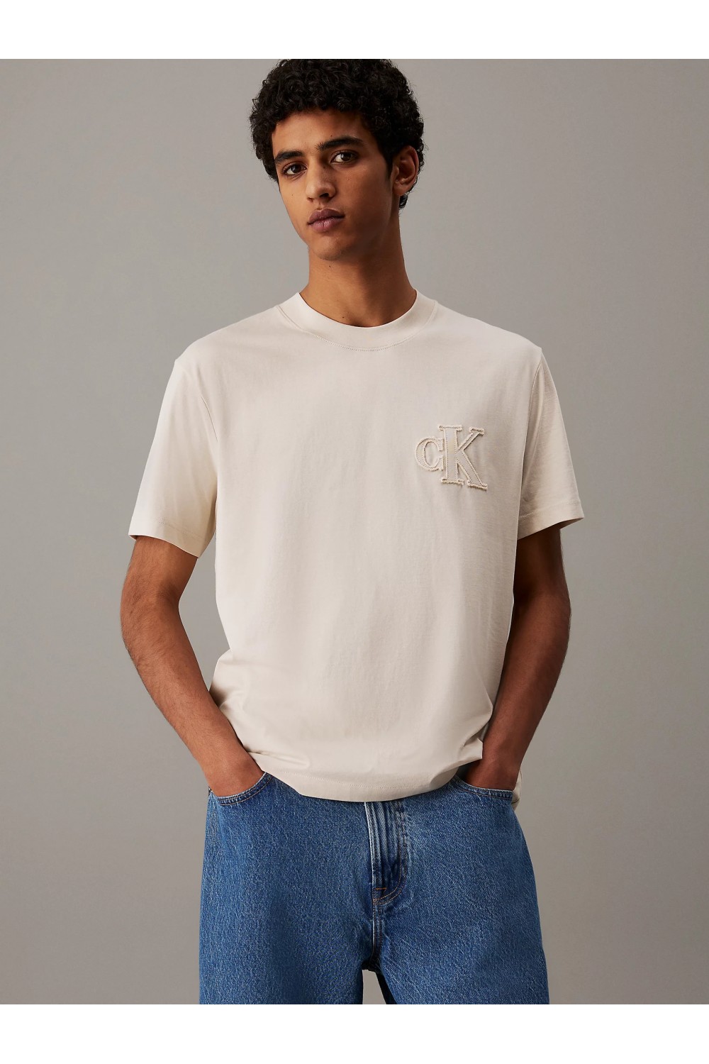CALVIN KLEIN JEANS T-SHIRT STICHED LOGO OATMEAL J30J327494-PDV