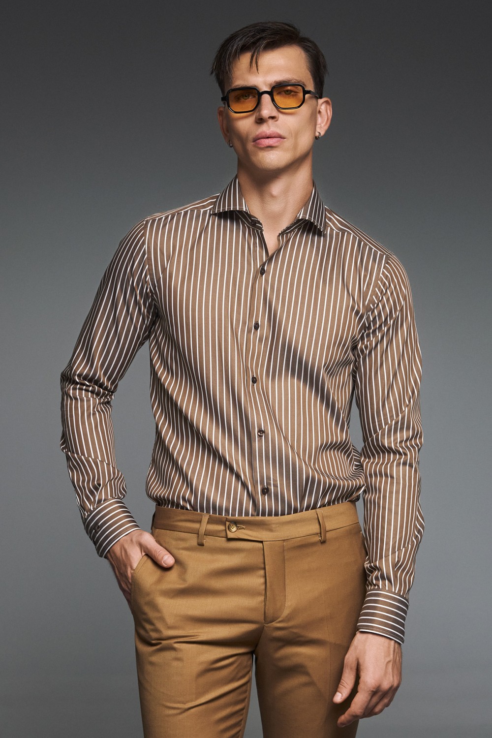 GUY LAROCHE SHIRT BROWN-WHITE STRIPES GLEW28260-6
