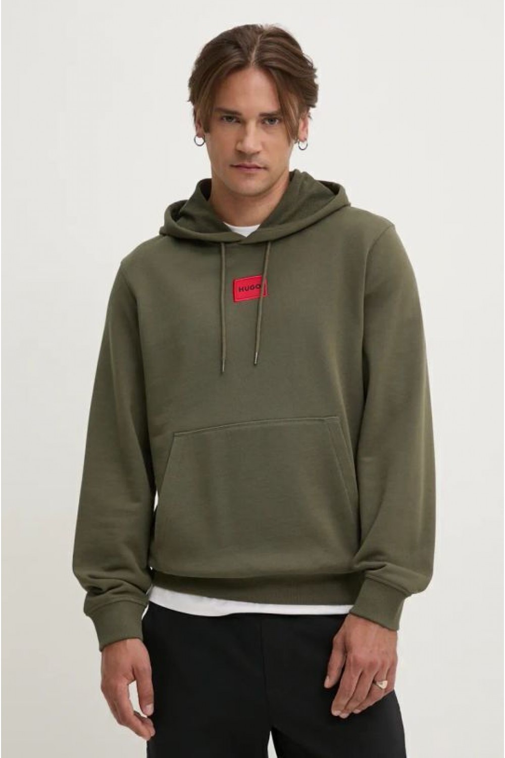 HUGO COTTON-TERRY HOODIE WITH LOGO LABEL KHAKI 50458700-257  