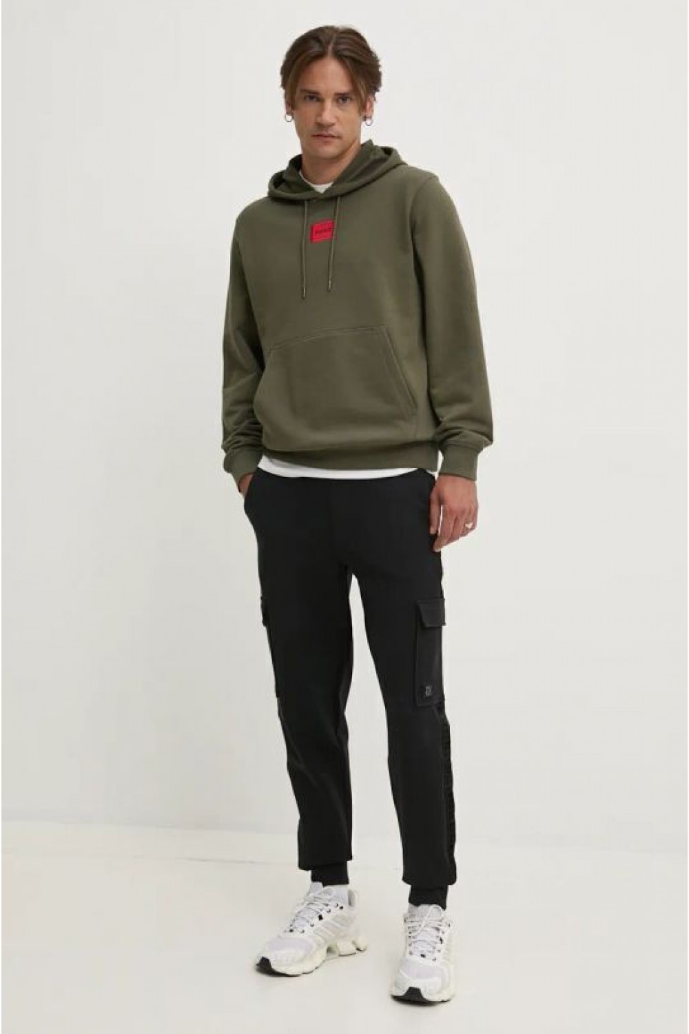 HUGO COTTON-TERRY HOODIE WITH LOGO LABEL KHAKI 50458700-257  