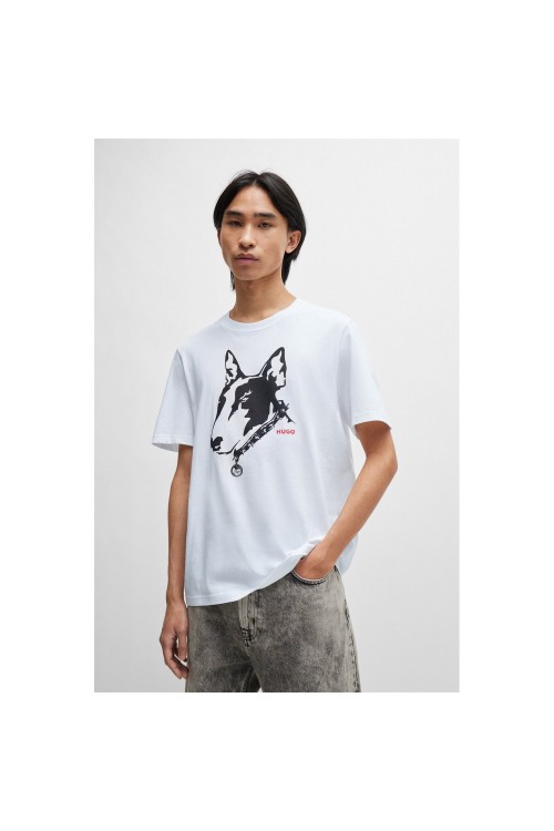 HUGO COTTON JERSEY T-SHIRT WITH DOG ARTWORK WHITE 50504916-100