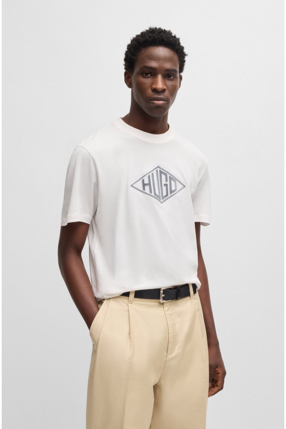 HUGO COTTON JERSEY T-SHIRT WITH GEOMETRIC LOGO EMBROIDERY WHITE 50534934-102