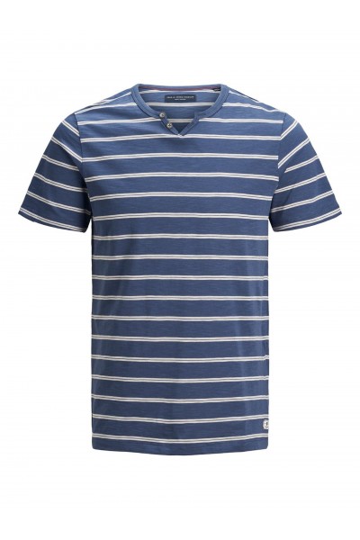 JACK & JONES JPRBEN STRIPE SPLIT NECK TEE PRE DENIM BLUE/SLIM