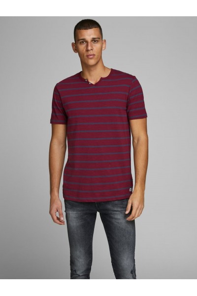 JACK & JONES JPRBEN STRIPE SPLIT NECK TEE PRE ZINFANDEL/SLIM