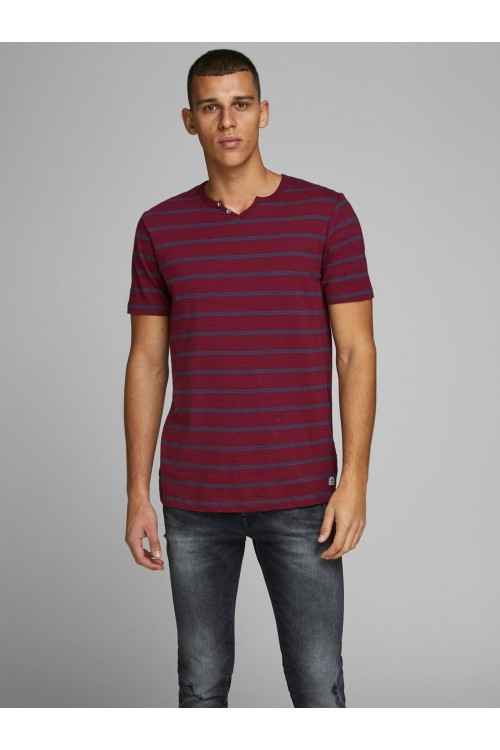 JACK & JONES JPRBEN STRIPE SPLIT NECK TEE PRE ZINFANDEL/SLIM