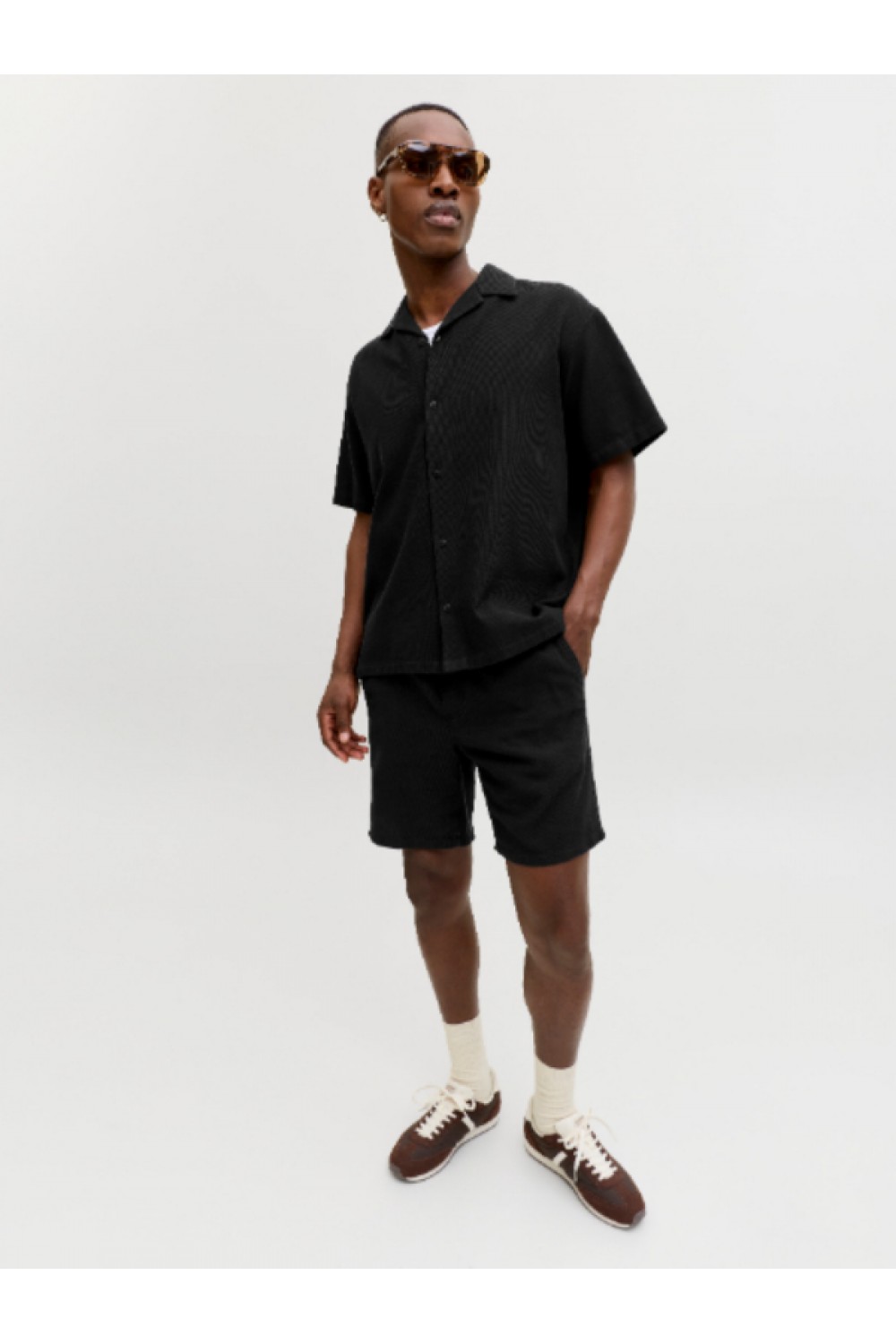 JACK & JONES GLOBAL WAFFLE SET SHIRT-SHORTS BLACK 12295551