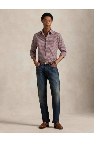 POLO RALPH LAUREN CUSTOM FIT STRETCH POPLIN SHIRT WINE-WHITE 710929347020