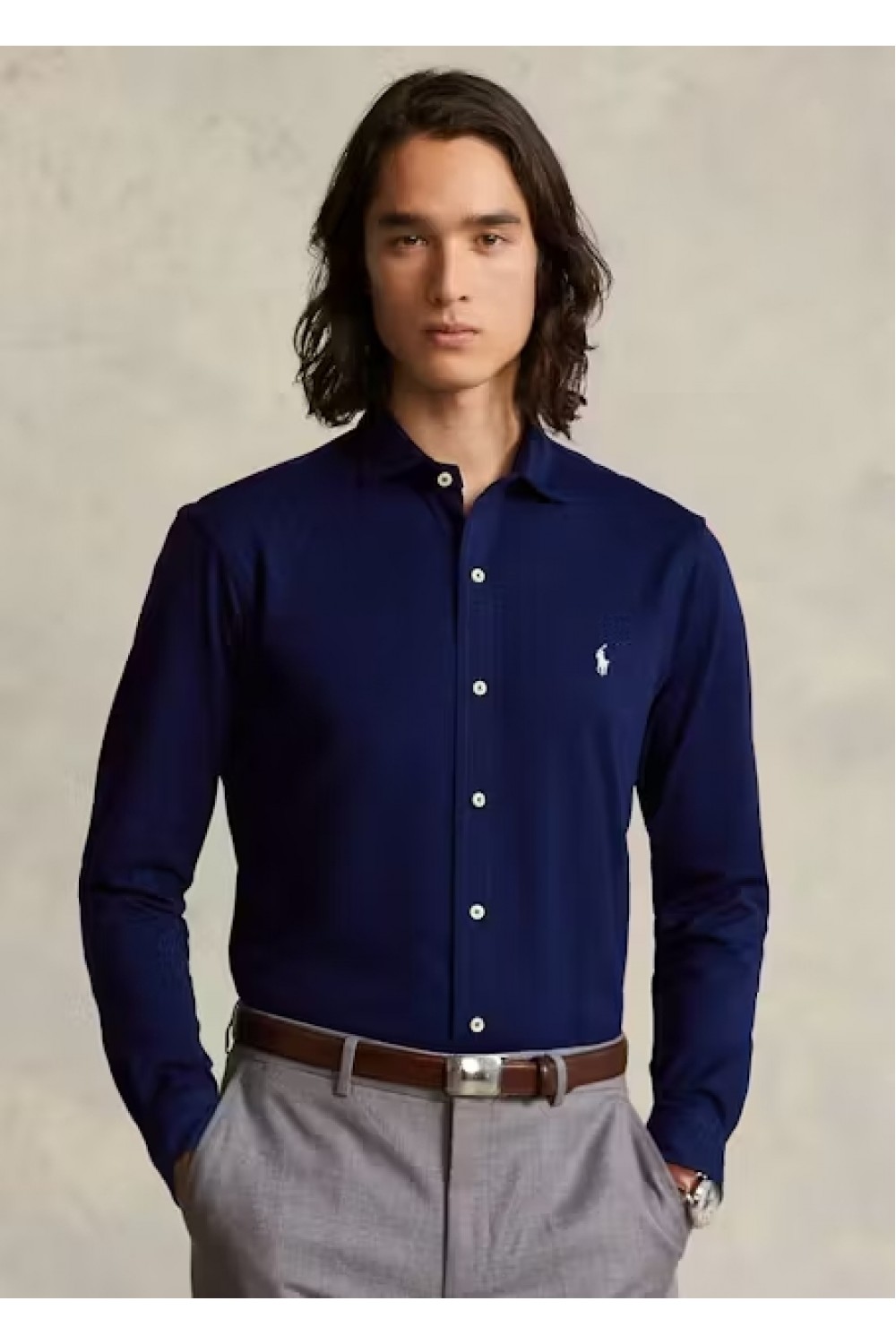 POLO RALPH LAUREN M CLASSICS JERSEY SPREAD-COLLAR SHIRT NAVY BLUE 710899386003