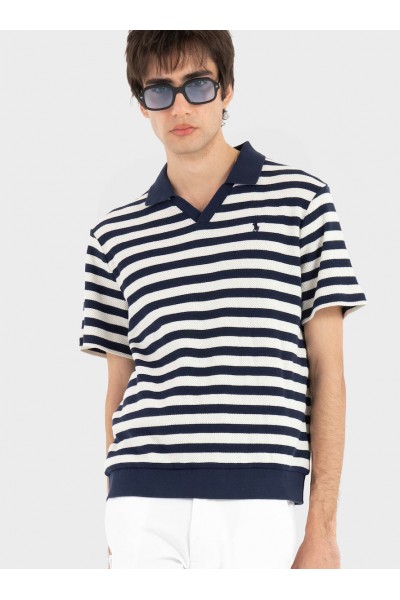 POLO RALPH LAUREN STRIPED POINTELLE-RIBBED POLO SHIRT NAVY-CREAM 710A13006004 