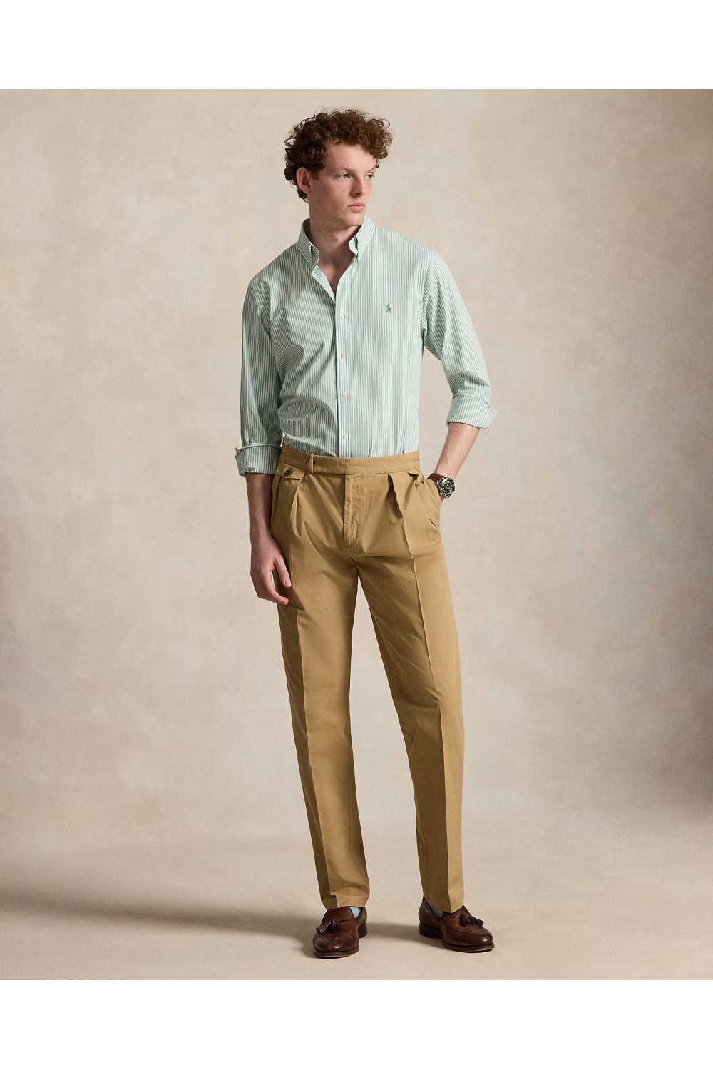 POLO RALPH LAUREN CUSTOM FIT STRIPED STRETCH POPLIN SHIRT GREEN-WHITE 710929346503