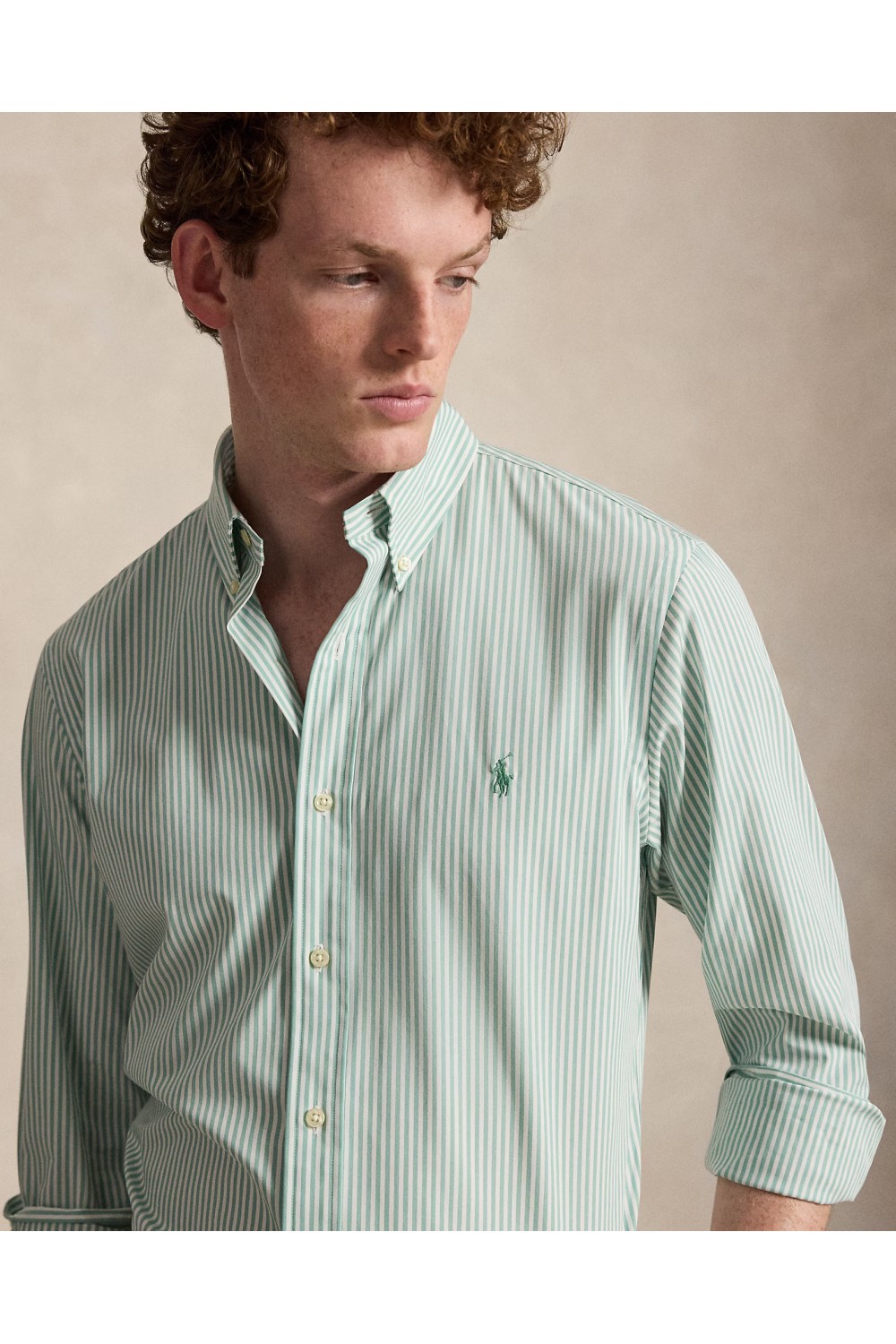 POLO RALPH LAUREN CUSTOM FIT STRIPED STRETCH POPLIN SHIRT GREEN-WHITE 710929346503