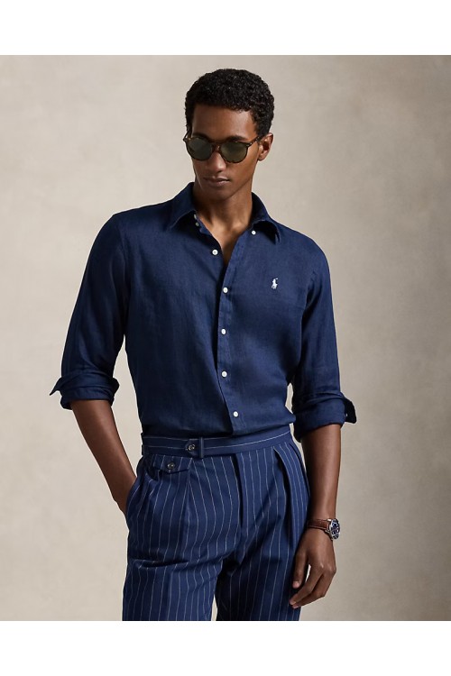 POLO RALPH LAUREN M CLASSICS LINEN SHIRT NAVY-WHITE LOGO 710966294504
