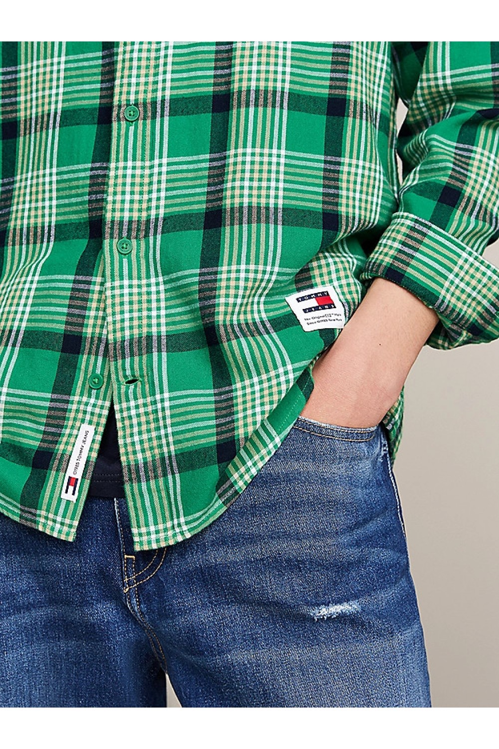 TOMMY HILFIGER TJM CHECK PEACHED SHIRT EXT GREEN MALACHITE CHECK DM0DM19532-L30