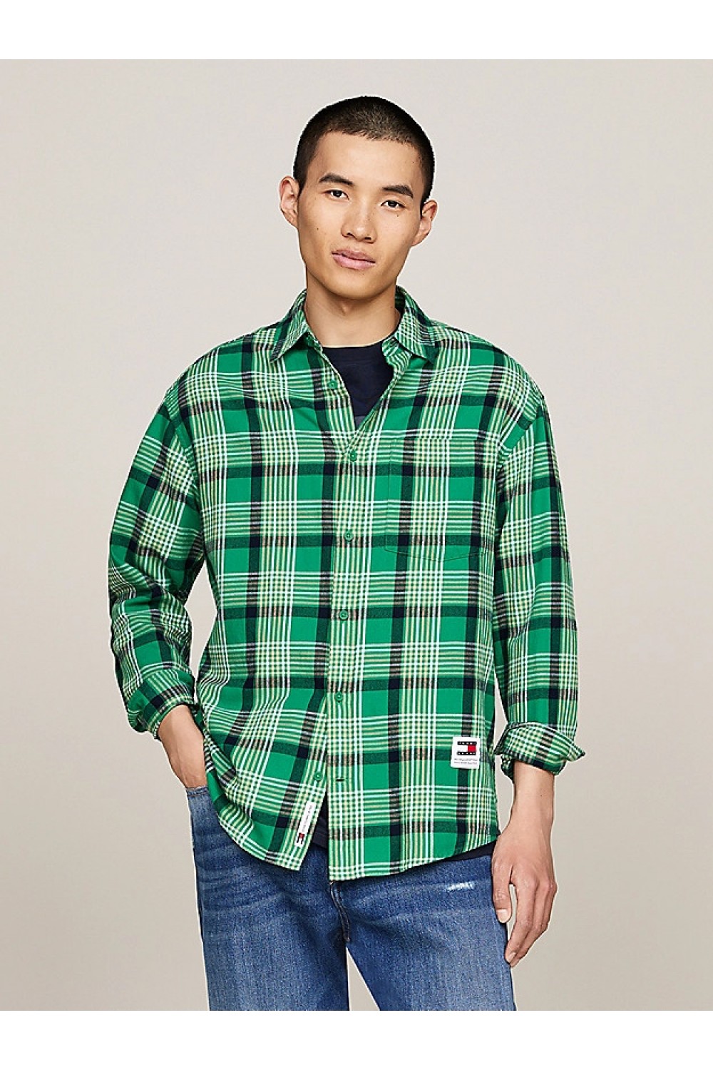 TOMMY HILFIGER TJM CHECK PEACHED SHIRT EXT GREEN MALACHITE CHECK DM0DM19532-L30