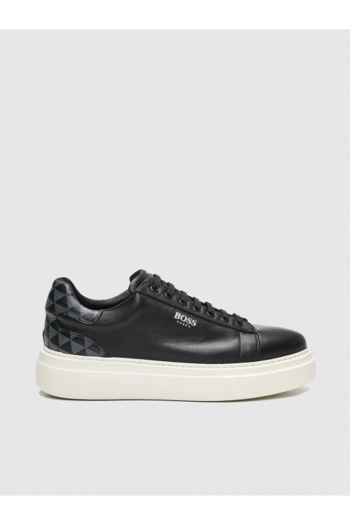 BOSS SHOES LEATHER SNEAKER BLACK PYRAMID D7940