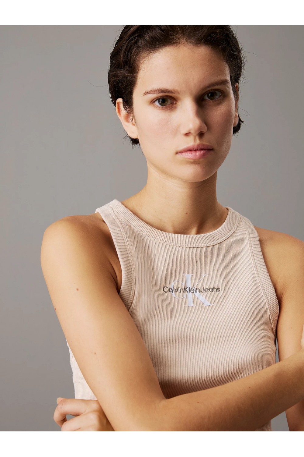 CALVIN KLEIN JEANS SLIM RIBBED MONOGRAM TANK TOP BRAZILIAN SAND J20J225301-AEA