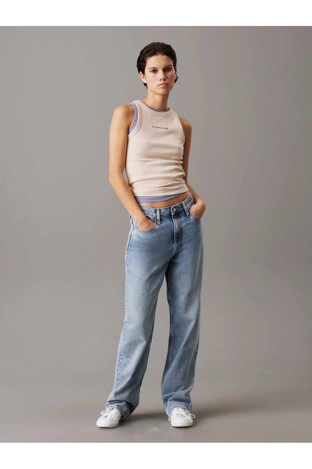 CALVIN KLEIN JEANS SLIM RIBBED MONOGRAM TANK TOP BRAZILIAN SAND J20J225301-AEA