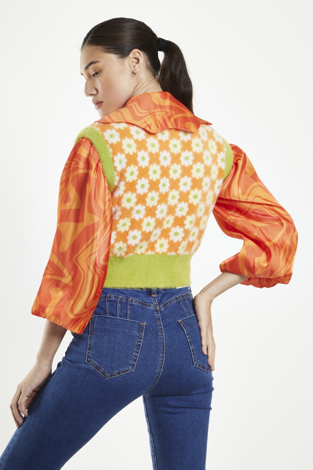 GLAMOROUS LADIES TOP GREEN ORANGE MULTI FLOWER TM0604
