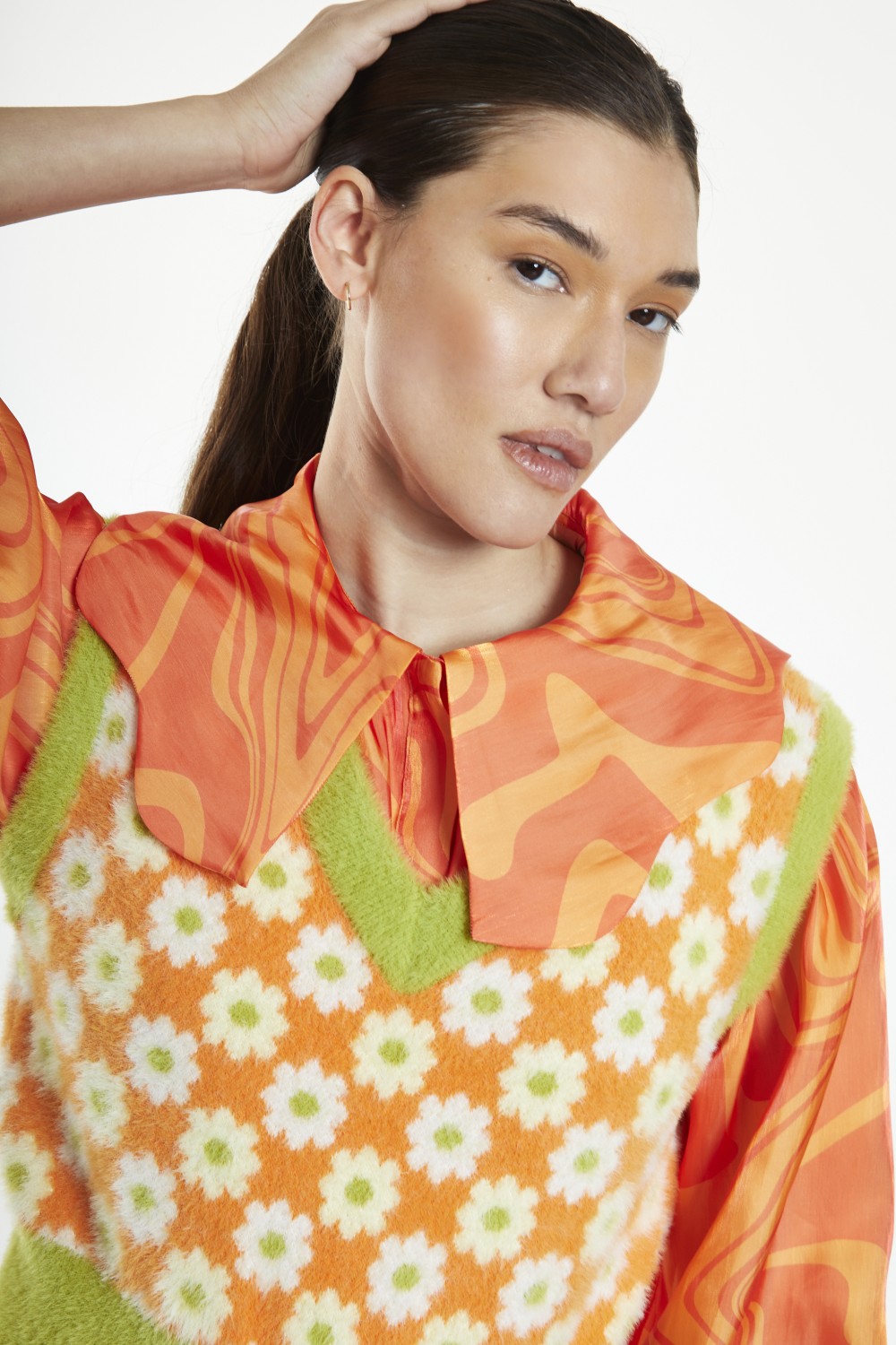 GLAMOROUS LADIES TOP GREEN ORANGE MULTI FLOWER TM0604