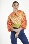GLAMOROUS LADIES TOP GREEN ORANGE MULTI FLOWER TM0604