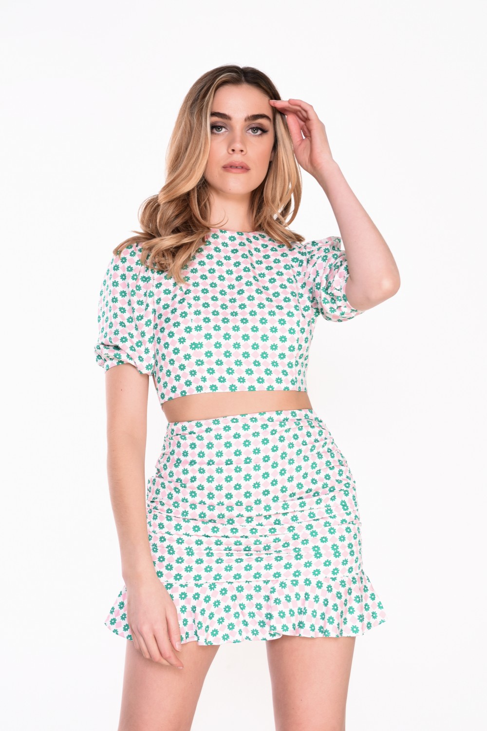 GLAMOROUS LADIES SKIRT PINK GREEN FLORAL SQUARE GC0446