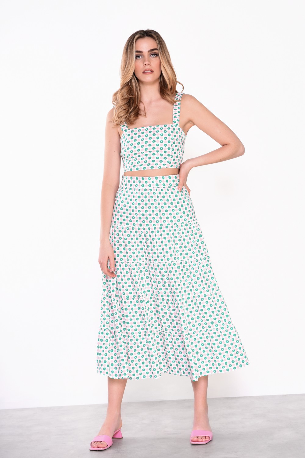 GLAMOROUS LADIES TOP PINK GREEN FLORAL SQUARE GC0513