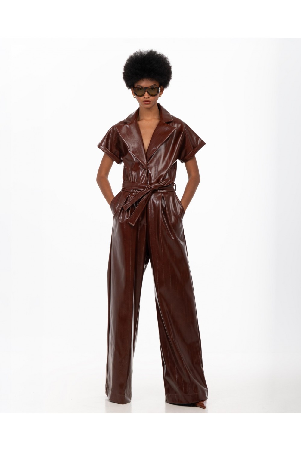 IRAIDA LUNEVIA FAUX LEATHER BROWN JUMPSUIT 