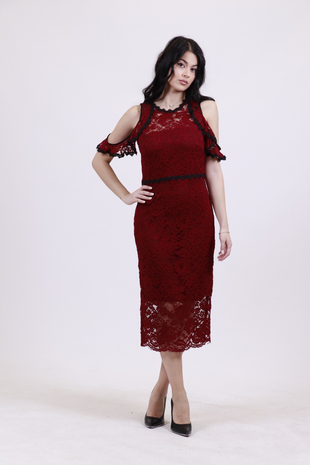 MANOLO DRESS LACE BURGUNDY DK 18068