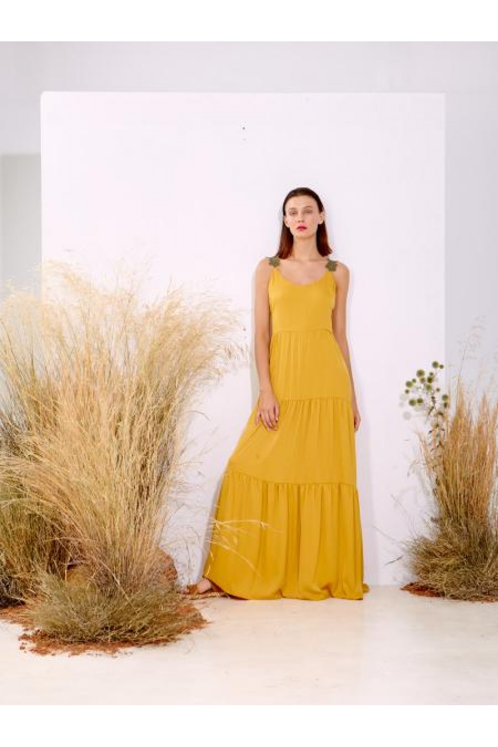 MOUTAKI ΕΜΒROIDERED STRAPS MAXI DRESS OCHRE