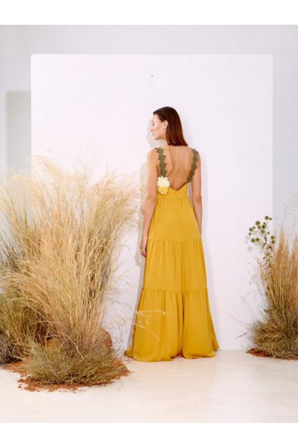 MOUTAKI ΕΜΒROIDERED STRAPS MAXI DRESS OCHRE