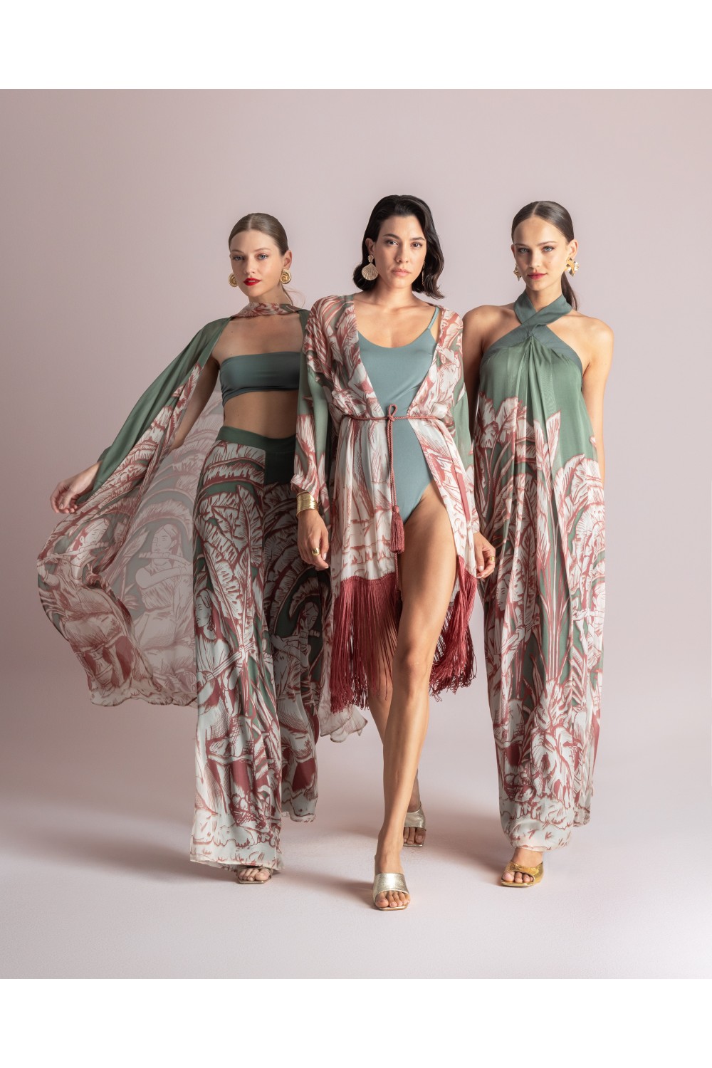 MOUTAKI WOMAN SET KIMONO-PANT KHAKI MULTICOLOUR 26.03.46