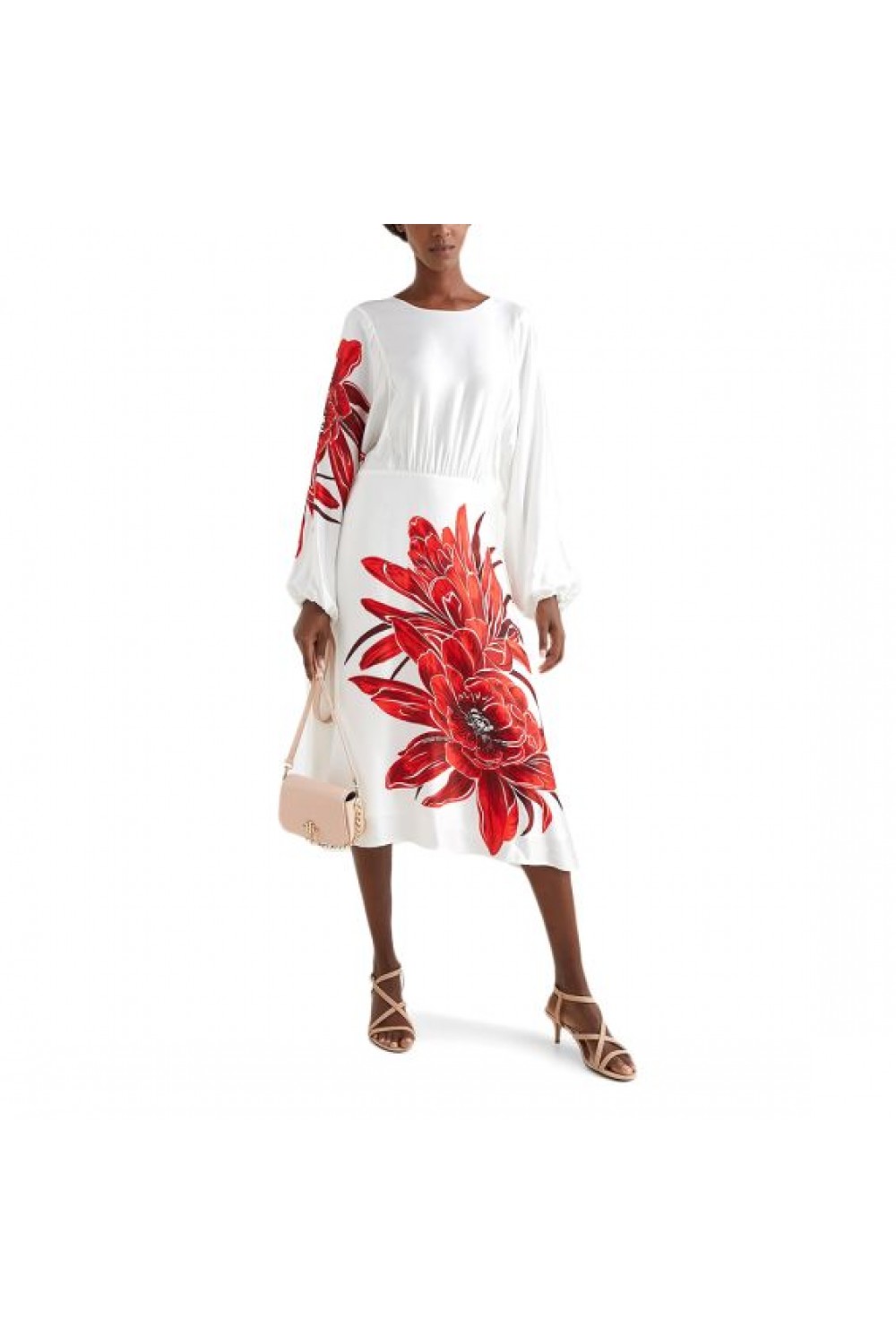 TOMMY HILFIGER SATIN FLORAL MIDI FLARE LONGSLEEVE DRESS WHITE WW0WW33225-0LD