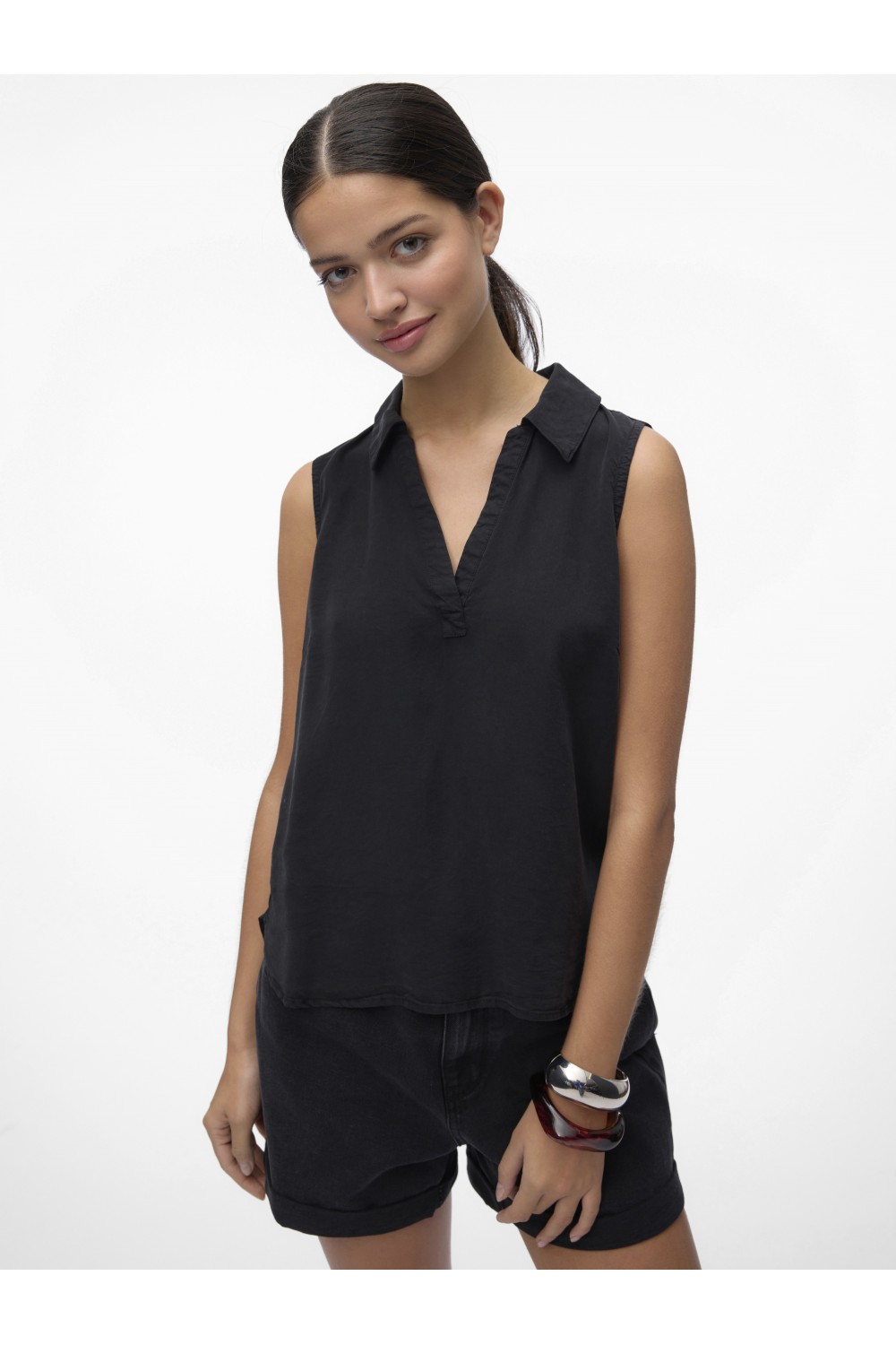 VERO MODA HARPER SL COLLAR SHORT TENCEL TOP BLACK 10283751