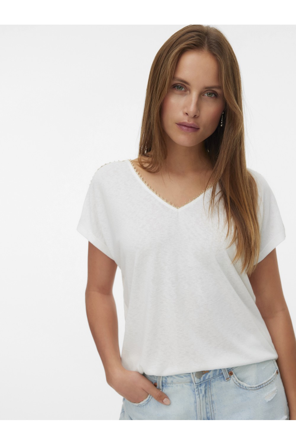 VERO MODA JACKIE S/L V-NECK TOP SNOW WHITE-DETAIL GOLG LUREX 10342229