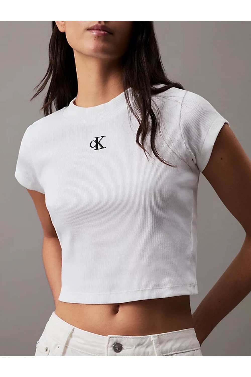 CALVIN KLEIN SLIM CROPPED RIBBED T-SHIRT WHITE J20J218337-YAF
